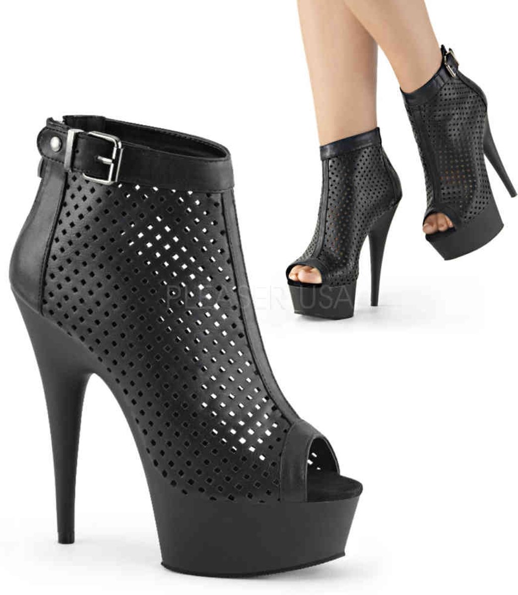 EU 36 = US 6 | DELIGHT-1011 | 6 Heel, 1 3/4 PF Peep Toe Lattice Cutout Bootie, Back Zip